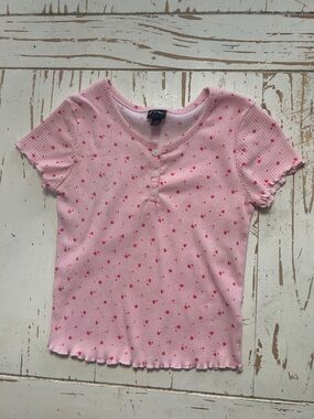 art class Pink Ribbed Henley Top with Heart Print